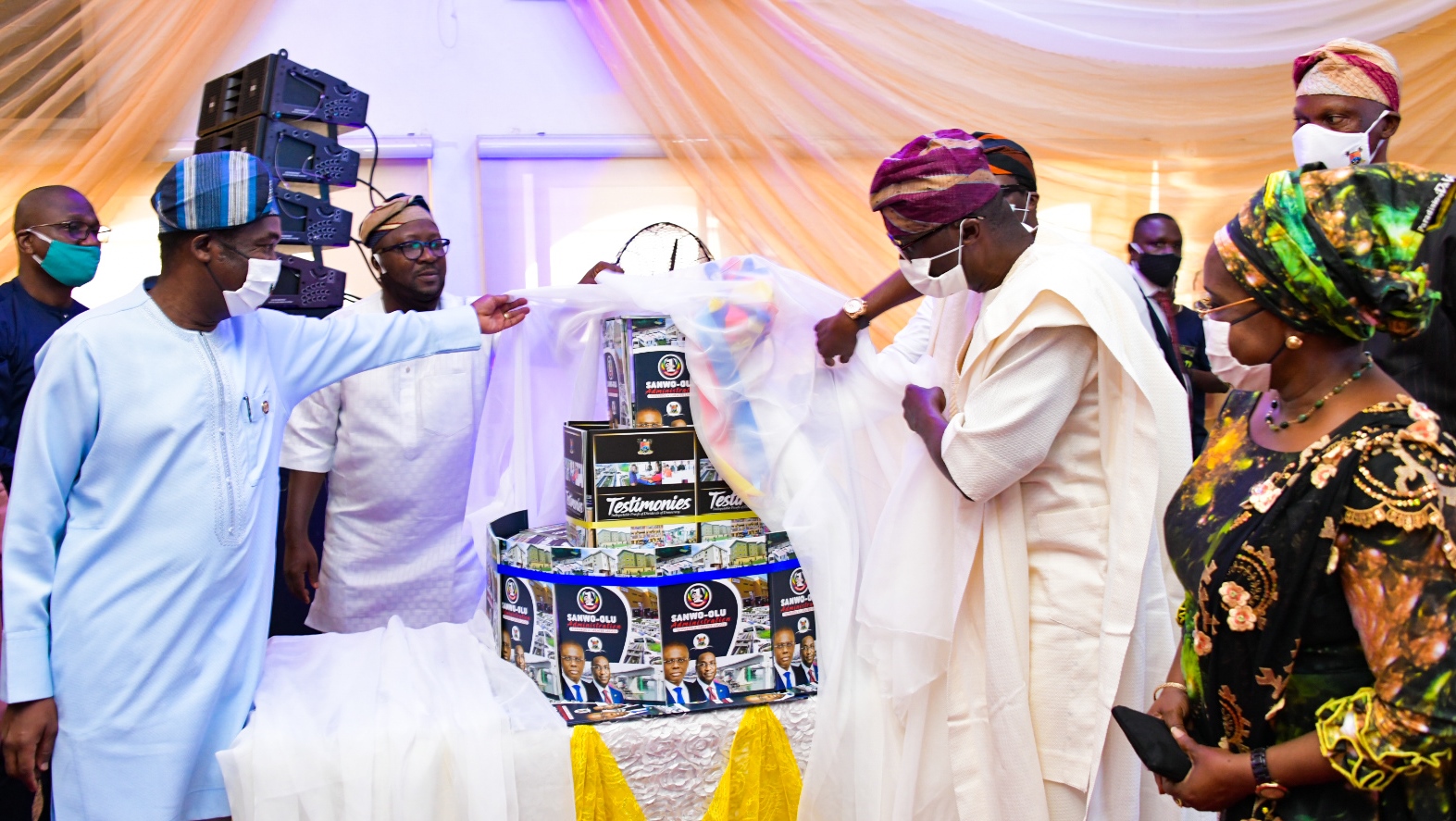 L-R: Lagos State Deputy Governor, Dr. Obafemi Hamzat; Chief Press Secretary to the Governor, Mr. Gboyega Akosile; Governor Babajide Sanwo-Olu; Secretary to the State Government, Mrs. Folasade Jaji and Chief of Staff to the Governor, Mr. Tayo Ayinde during the public presentation of two books  -Towards a Greater Lagos and Testimonies: Indisputable Proofs of Dividends of Democracy, as part of activities to commemorate the First Year in Office of the Sanwo-Olu’s administration, at Lagos House, Marina, on Friday, May 29, 2020.