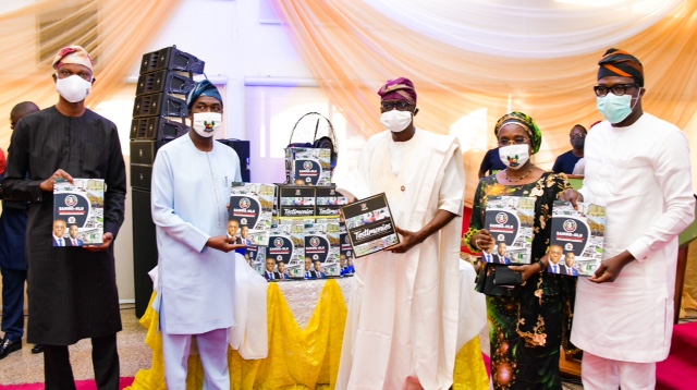 L-R: Chief of Staff to the Lagos State Governor, Mr. Tayo Ayinde; Deputy Governor, Dr. Obafemi Hamzat; Governor Babajide Sanwo-Olu; Secretary to the State Government, Mrs. Folasade Jaji and Head of Service, Mr. Hakeem Muri-Okunola during the public presentation of two books  -Towards a Greater Lagos and Testimonies: Indisputable Proofs of Dividends of Democracy, as part of activities to commemorate the First Year in Office of the Sanwo-Olu’s administration, at Lagos House, Marina, on Friday, May 29, 2020.