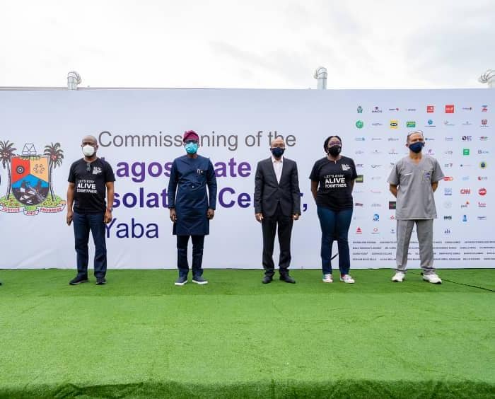 L- R: Group Managing Director, Access Bank, Mr. Herbert Wigwe; Lagos State Governor, Mr. Babajide Sanwo; CBN Governor, Mr. Godwin Emefiele;  representative of Aliko Dangote, MD/CEO Aliko Dangote Foundation, Mrs. Zouera Youssofou and State Commissioner for Health, Prof. Akin Ababyomi during the commissioning of Isolation Centre Yaba II, donated by CACOVID, on Sunday, June 28, 2020.