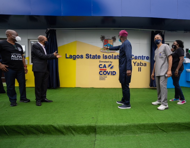 L-R: Group Managing Director, Access Bank, Mr. Herbert Wigwe; CBN Governor, Mr. Godwin Emefiele; Lagos State Governor, Mr. Babajide Sanwo-Olu; State Commissioner for Health, Prof. Akin Ababyomi; representative of Aliko Dangote, MD/CEO Aliko Dangote Foundation, Mrs. Zouera Youssofou, during the commissioning of Isolation Centre Yaba II, donated by CACOVID, on Sunday, June 28, 2020.