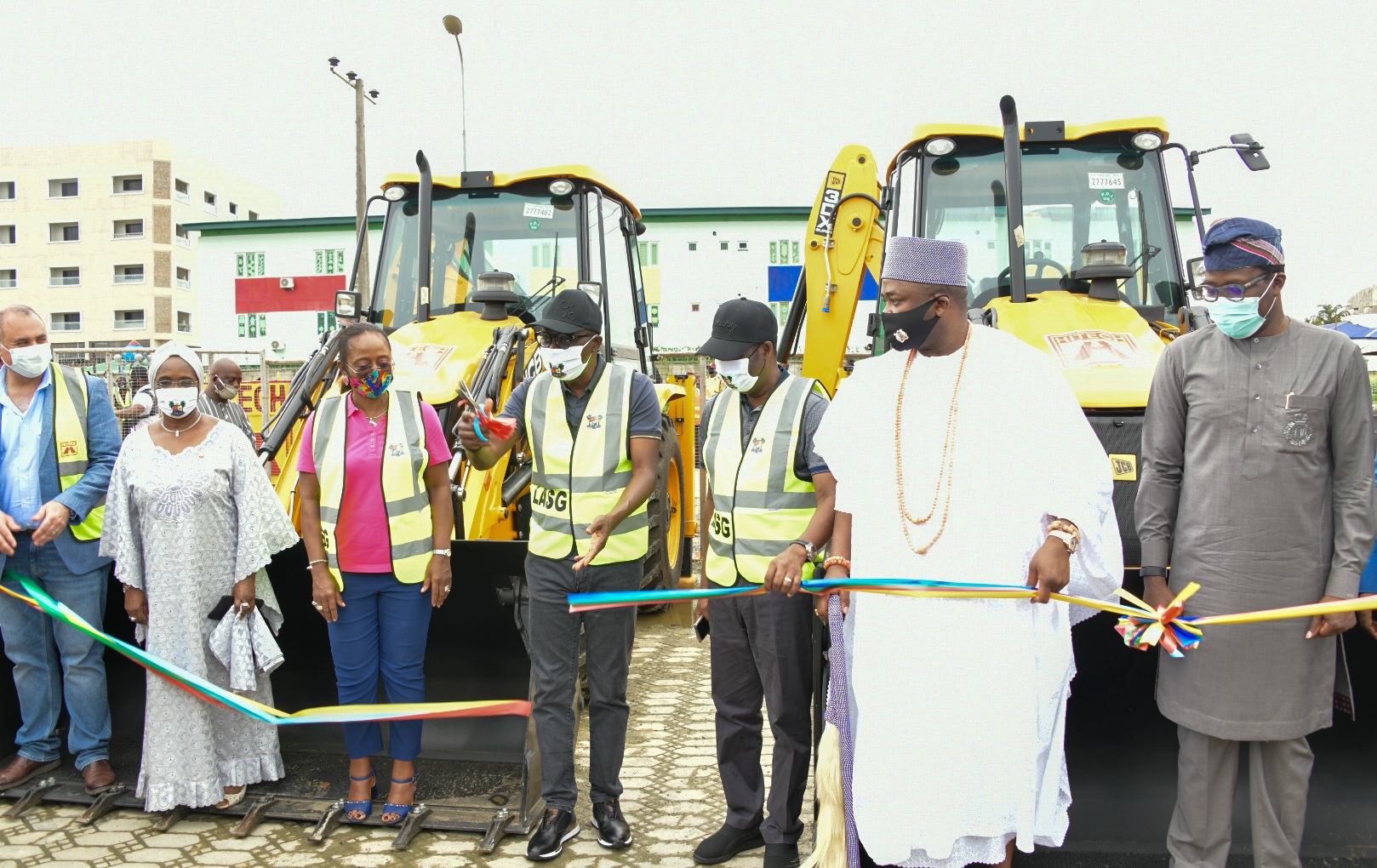 L-R: Representative of Hitech Construction Company, Mr. Danny Abboud; Secretary to the Lagos State Government, Mrs. Folasade Jaji; Special Adviser on Works and Infrastructure, Mrs. Aramide Adeyoye; Governor Babajide Sanwo-Olu; his Deputy, Dr. Obafemi Hamzat; Elegushi of Ikateland, Oba Saheed Elegushi, Kusenla III and Head of Service, Mr. Hakeem Muri-Okunola, during the flag-off of Lekki Regional Road as part of activities to commemorate the First Year in Office of the Sanwo-Olu administration, at Eti-Osa Local Government, on Saturday, May 30, 2020.