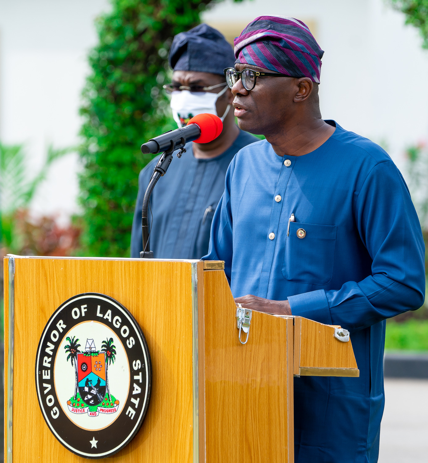 Lagos State Governor, Mr. Babajide Sanwo-Olu, addressing journalists on the State’s guidelines and protocols for the second phase of the gradual easing of C0VID-19 lockdown, at Lagos House, Marina, on Thursday, June 4, 2020. With him is the Deputy Governor, Dr. Obafemi Hamzat.