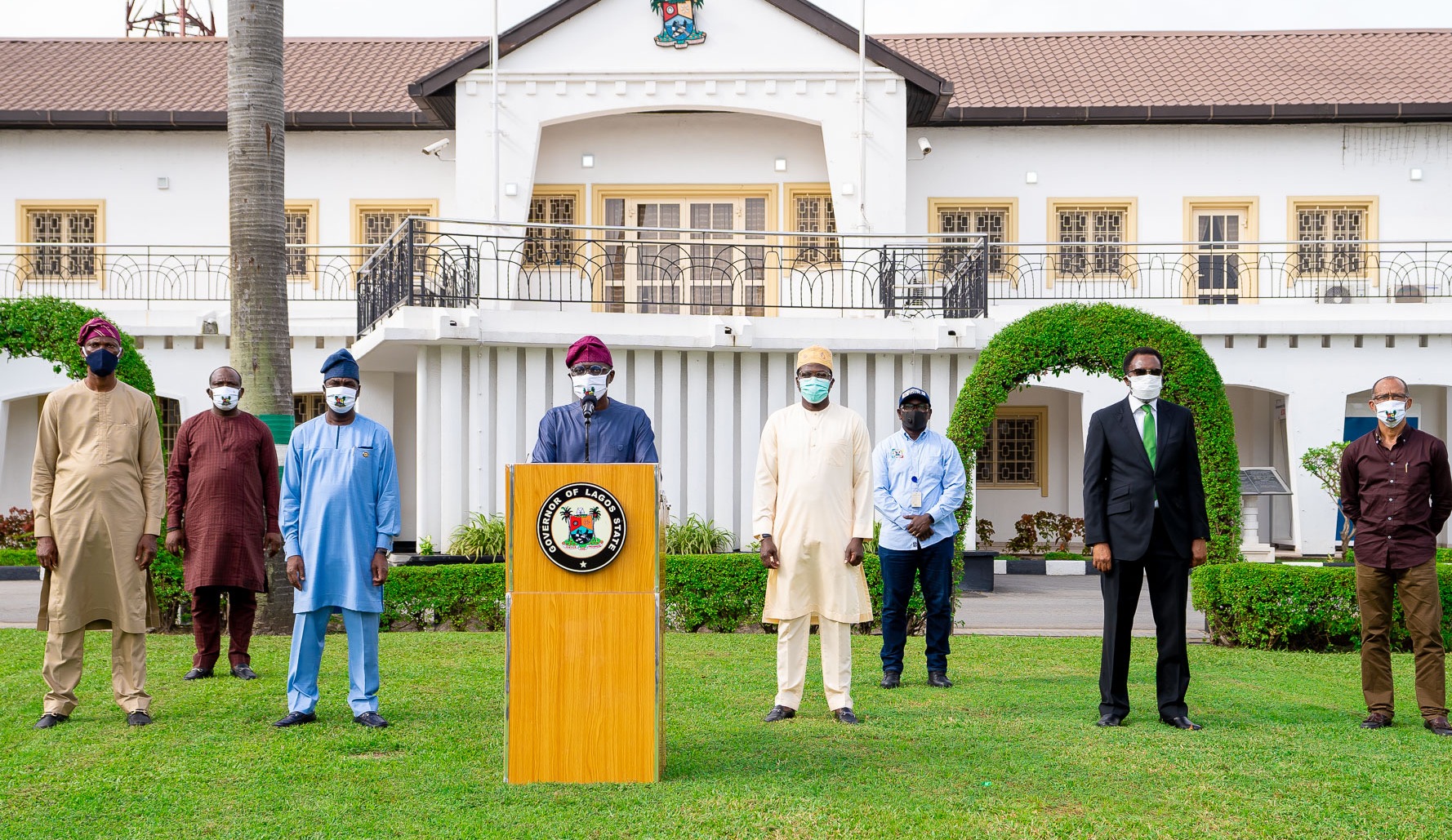 L-R: Chief of Staff to the Lagos State Governor, Mr. Tayo Ayinde; Deputy Governor, Dr. Obafemi Hamzat; Governor Babajide Sanwo-Olu; Head of Service, Mr. Hakeem Muri-Okunola; Attorney General/Commissioner for Justice, Mr. Moyo Onigbanjo, SAN and Commissioner for Health, Prof. Akin Abayomi, during a press briefing on C0VID-19 update, at Lagos House, Marina, on Tuesday, June 16, 2020.
