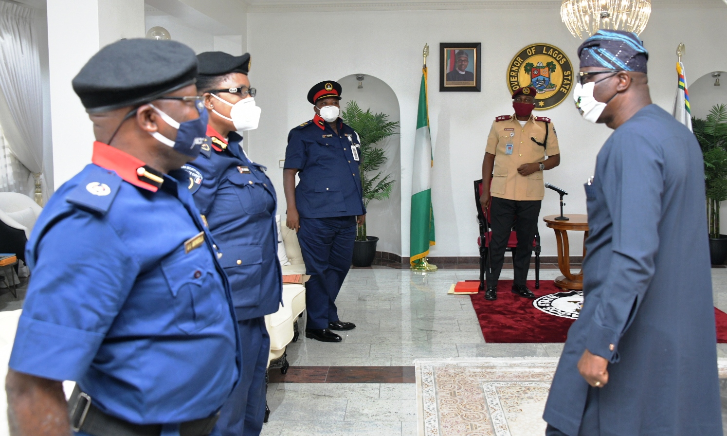 L-R: Assistant Commandant, Nigeria Security and Civil Defence Corps (NSCDC) Lagos, Mr. Akinsola Aderemi; NSCDC Deputy Commandant, Lagos, Maria Ihuoma; NSCDC State Commandant, Mr. Adeyinka Fasiu Ayinla; Sector Commander, Federal Road Safety Corps (FRSC) in charge of Lagos, Mr. Olusegun Ogungbemide and Lagos State Governor, Mr. Babajide Sanwo-Olu during a courtesy call on the Governor, at Lagos House, Marina, on Thursday, July 23, 2020.