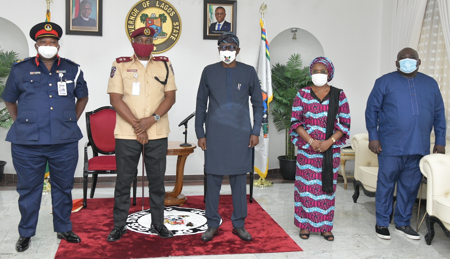 L-R: State Commandant, Nigeria Security and Civil Defence Corps (NSCDC), Mr. Adeyinka Fasiu Ayinla; Sector Commander, Federal Road Safety Corps (FRSC) in charge of Lagos, Mr. Olusegun Ogungbemide; Lagos State Governor, Mr. Babajide Sanwo-Olu; Secretary to the State Government, Mrs. Folasade Jaji and Special Senior Assistant on Security to the Governor, Mr. Bayo Ogunlana, during a courtesy call on the Governor by the FRSC and NSCDC Commandants, at Lagos House, Marina, on Thursday, July 23, 2020.