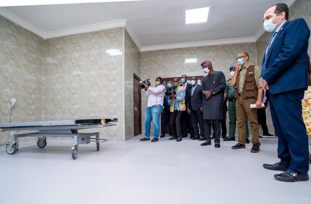 R-L: Chief Operating Officer of IHS Nigeria Limited, Mr. Giscard El-Zoghbi; Commissioner for Health, Prof. Akin Abayomi and Lagos State Governor, Mr. Babajide Sanwo-Olu, during the commissioning of a State-of-the-Art 36-Chamber Morgue, donated by IHS at the Infectious Disease Hospital, Yaba, on Tuesday, July 14, 2020.