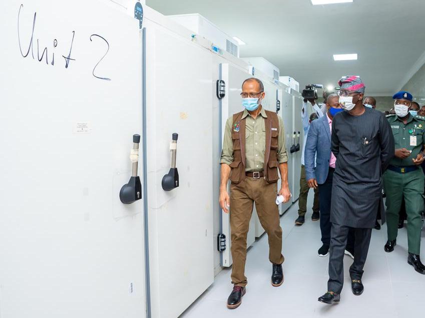R-L: Lagos State Governor, Mr. Babajide Sanwo-Olu, with Commissioner for Health, Prof. Akin Abayomi, inspecting the 36-Chamber Morgue, donated by IHS during the official commissioning, at the Infectious Disease Hospital, Yaba, on Tuesday, July 14, 2020.