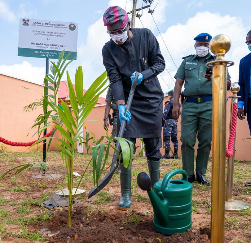 Lagos State Governor, Mr. Babajide Sanwo-Olu, performing the tree planting exercise during the annual Tree Planting Day at the Infectious Disease Hospital, Yaba, on Tuesday, July 14, 2020.
