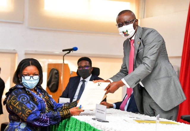 L-R: Chairman, Board of Lagos State Employment Trust Fund (LSETF), Mrs. Bola Adesola; Head of Service, Mr. Hakeem Muri-Okunola  and Governor Babajide Sanwo-Olu during the inauguration of LSETF Board at Lagos House, Alausa, Ikeja, on Tuesday, July 21, 2020.