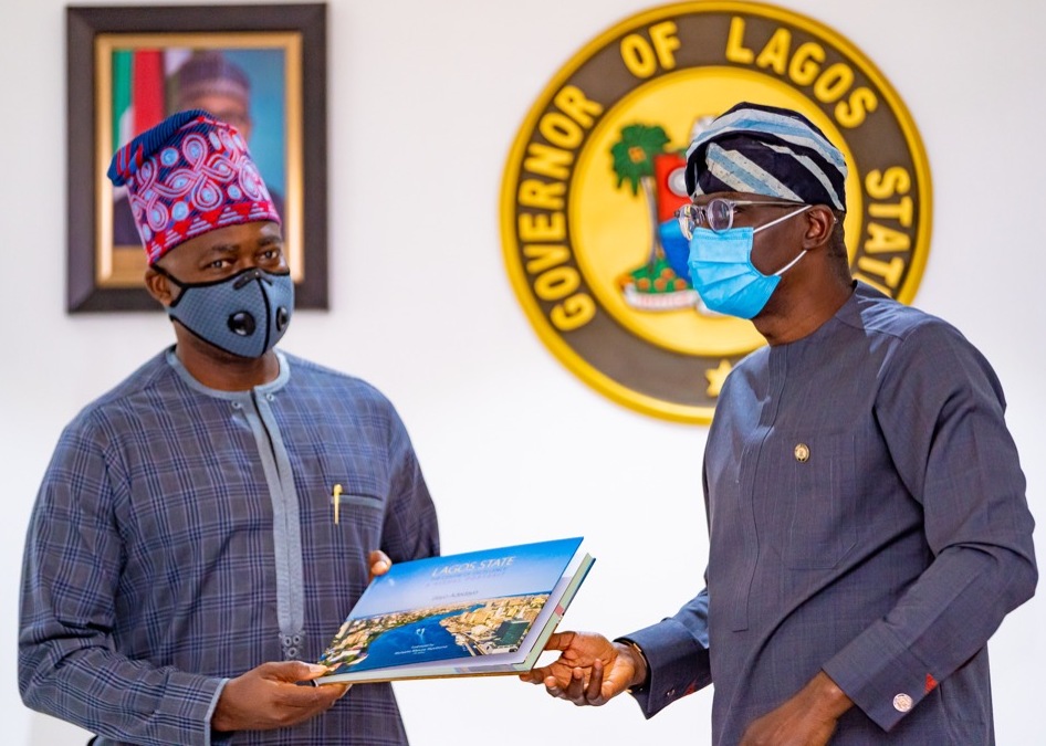 L-R: Chairman, House of Representatives committee on Relocation of Tank Farms, Hon. Sergilis Ogun and Lagos State Governor, Mr. Babajide Sanwo-Olu, during the committee’s courtesy visit to the Governor, at Lagos House, Marina, Thursday, August 13, 2020.