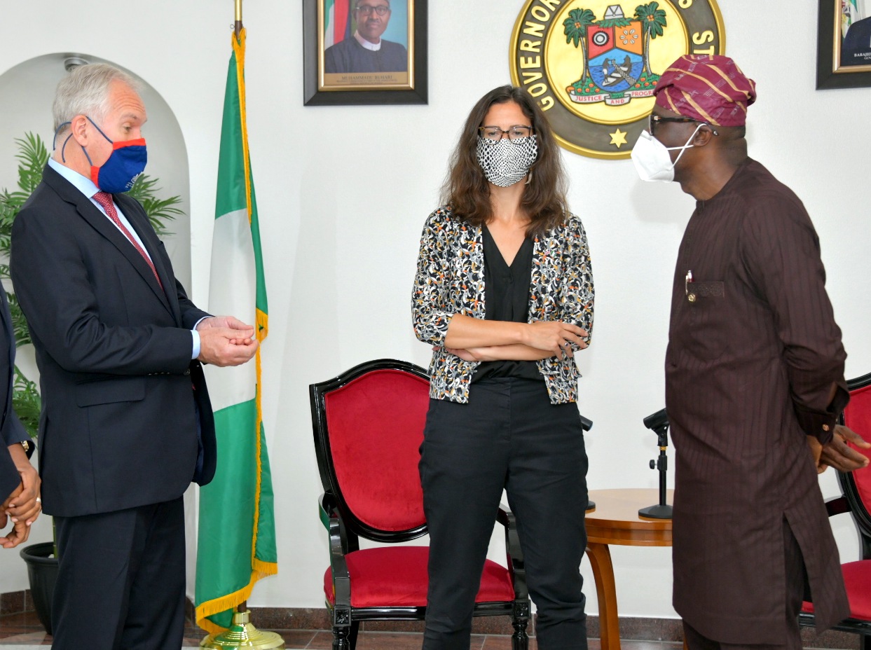 L-R: Head of Prosperity Section, British Deputy High Commission, Mr. Guy Harrison;  British Deputy High Commissioner, Harriet Thompson and Lagos State Governor, Mr. Babajide Sanwo-Olu, during a courtesy visit by the British Envoy to the Governor at the Lagos House, Marina , on Wednesday, August 12, 2020.   