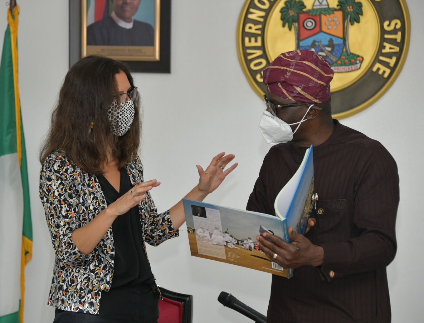 British Deputy High Commissioner, Harriet Thompson (left) being presented a souvenir by Lagos State Governor, Mr. Babajide Sanwo-Olu during a courtesy visit to the Governor at the Lagos House,Marina,on Wednesday, August 12, 2020.