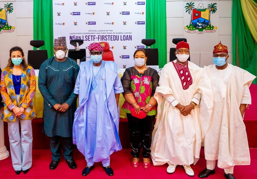 R-L: Commissioner for Finance, Dr. Rabiu Olowo; Chairman, House Committee on Wealth Creation, Hon. Jude Emeka Idimogu; Commissioner for Wealth Creation and Employment, Mrs. Yetunde Arobieke; Lagos State Governor, Mr. Babajide Sanwo-Olu; Managing Director/Chief Executive Officer, First Bank of Nigeria, Dr. Adesola Kazeem Adeduntan and representative of the LSETF Chairman & Deputy Group MD, AIM Consultants Ltd, Engr. Tatiana Moussalli Nouri, during the official launch of the Lagos State Employment Trust Fund (LSETF) in partnership with First Bank of Nigeria Limited (₦5bn LSETF-FirstEdu Loan) at the Banquet Hall, Lagos House, Ikeja, on Friday, September 25, 2020.