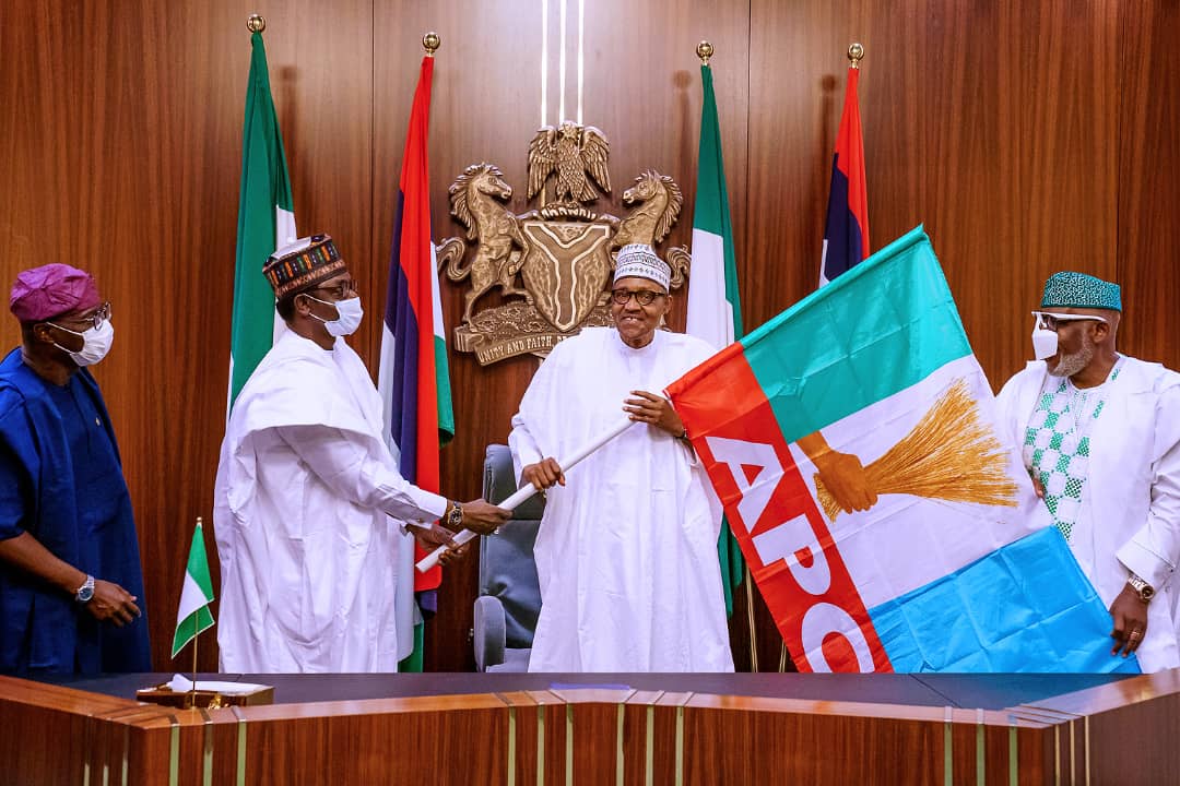PRESIDENT BUHARI, GOVS. SANWO-OLU, BUNI AT HANDING OVER OF APC FLAG TO AKEREDOLU AS PARTY’S CANDIDATE FOR THE ONDO GOVERNORSHIP ELECTION, IN ABUJA ON FRIDAY, SEPTEMBER 4, 2020