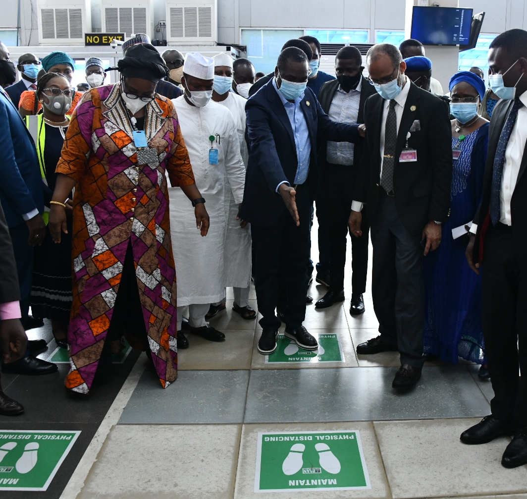 L-R: Regional General Manager, South West/Airport Manager, MMA, Mrs. Victoria Shin-Aba; Managing Director/CE, Federal Airports Authority of Nigeria (FAAN), Capt. Rabiu Hamisu Yadudu; Lagos State Deputy Governor, Dr. Obafemi Hamzat; Commissioner for Health, Prof. Akin Abayomi and the Secretary to the State Government, Mrs. Folasade Jaji during an inspection of the Murtala Muhammed International Airport ahead of international flights resumption, on Friday, September 4, 2020.