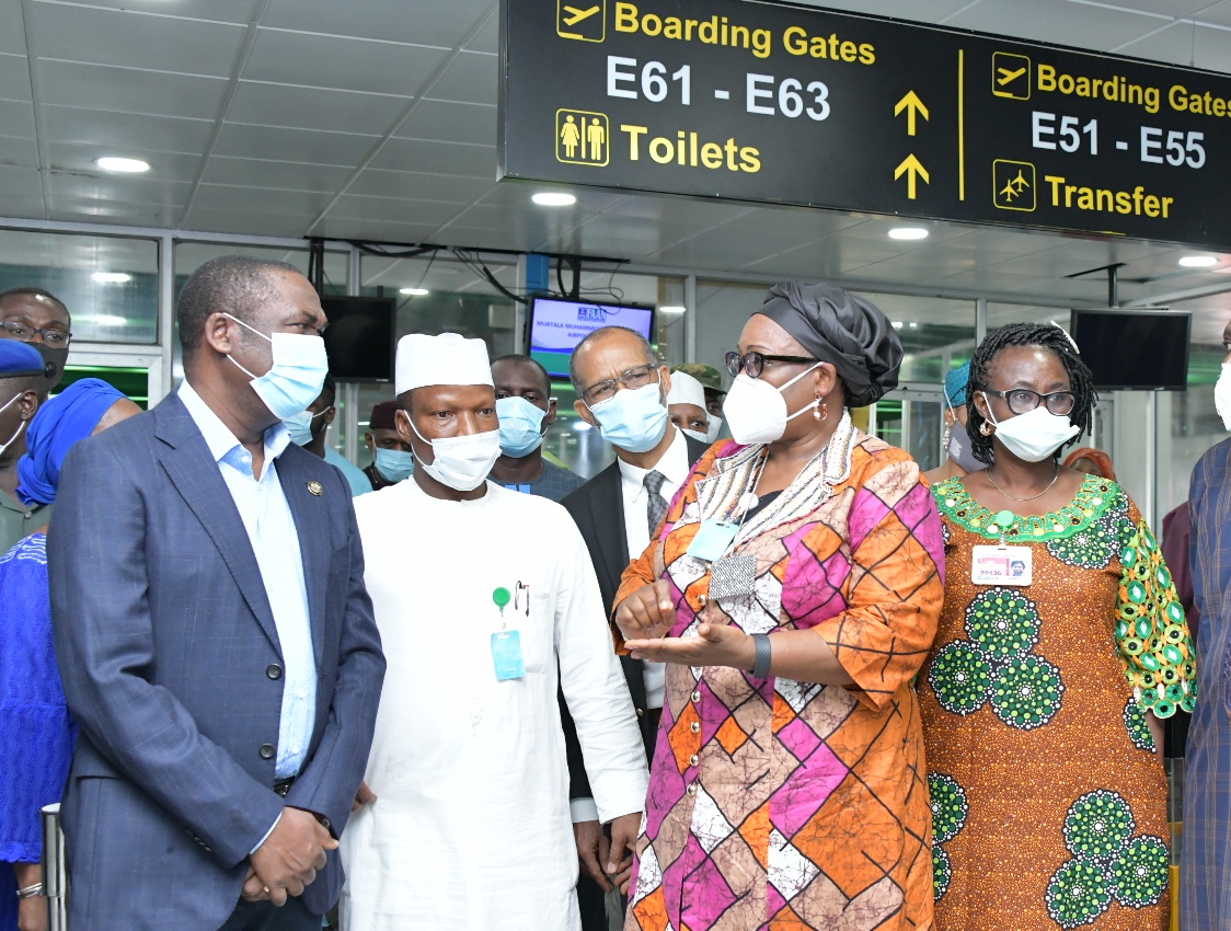 L-R: Lagos State Deputy Governor, Dr. Obafemi Hamzat; Managing Director/CE, Federal Airports Authority of Nigeria (FAAN), Capt. Rabiu Hamisu Yadudu; Commissioner for Health, Prof. Akin Abayomi; Regional General Manager, South West/Airport Manager, MMA, Mrs. Victoria Shin-Aba and General Manager, Operations of FAAN, Mrs. Olajumoke Oni during an inspection of the Murtala Muhammed International Airport ahead of international flights resumption, on Friday, September 4, 2020.