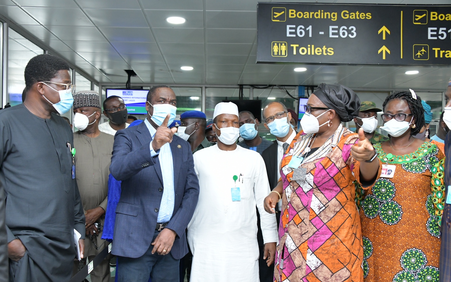 L-R: Lagos Head of Service, Mr. Hakeem Muri-Okunola; the State Deputy Governor, Dr. Obafemi Hamzat; Managing Director/CE, Federal Airports Authority of Nigeria (FAAN), Capt. Rabiu Hamisu Yadudu; Commissioner for Health, Prof. Akin Abayomi; Regional General Manager, South West/Airport Manager, MMA, Mrs. Victoria Shin-Aba and General Manager, Operations of FAAN, Mrs. Olajumoke Oni during an inspection of the Murtala Muhammed International Airport ahead of international flights resumption, on Friday, September 4, 2020.   