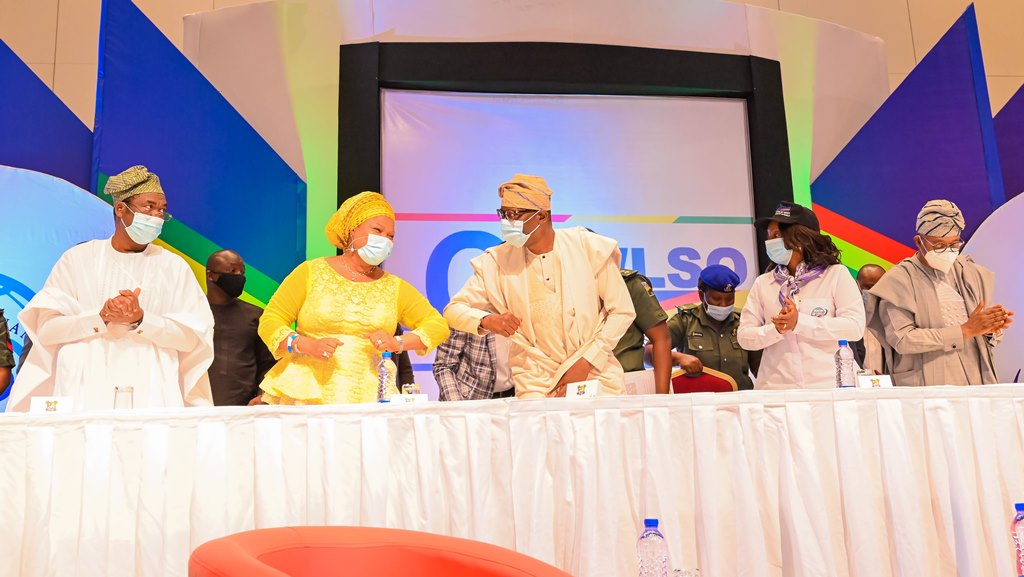 L-R: Lagos State Deputy Governor, Dr Obafemi Hamzat; representatives of Nigeria’s First Lady and Senior Special Assistant to the President on Sustainable Development Goals, Mrs Adejoke Orelope-Adefulire; Governor Babajide Sanwo-Olu; his wife, Dr. (Mrs.) Ibijoke Sanwo-Olu and Osun State Governor, Alhaji Gboyega Oyetola, during the opening ceremony of the virtual 2-day National Women Conference of the Committee of Wives of Lagos State Officials (COWLSO) held at Eko Hotels and Suites, Victoria Island, Lagos, on Wednesday, October 14, 2020.