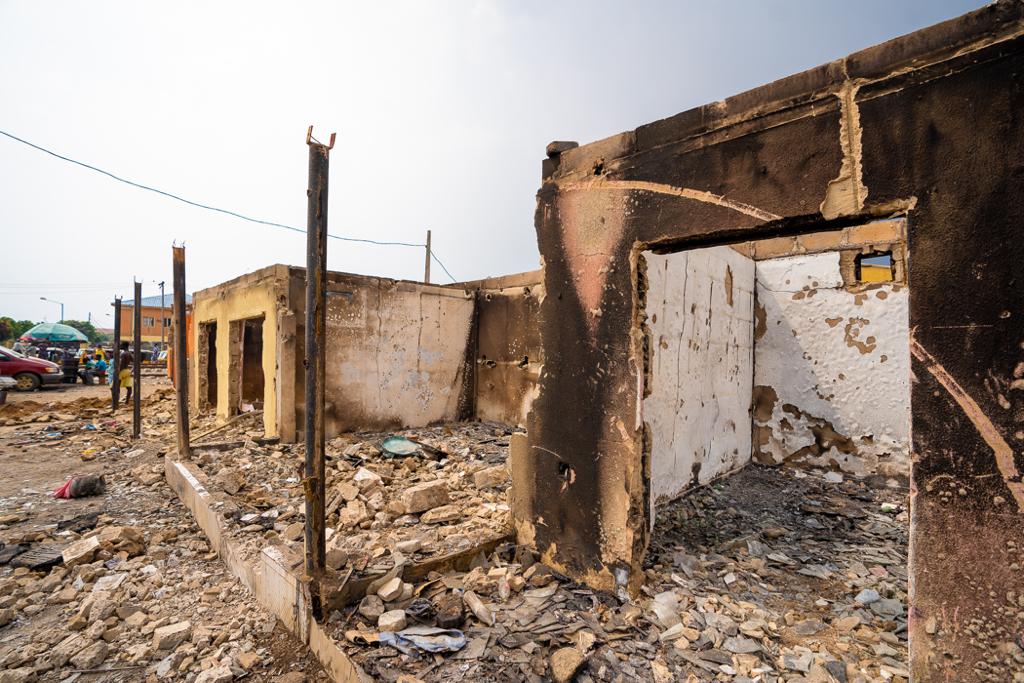  A completely razed property by miscreants at Fagba, Ifako-Ijaiye, being inspected by Governor Babajide Sanwo-Olu, on Tuesday, October 27, 2020.