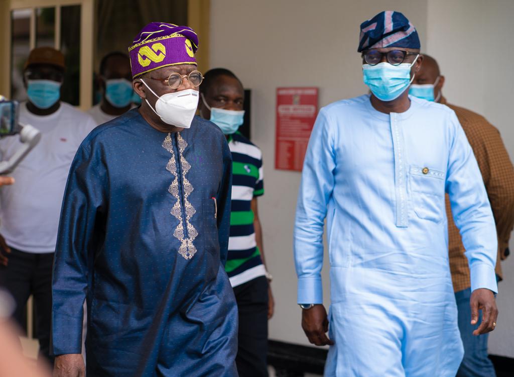 National Leader of the All Progressives Congress (APC), Asiwaju Bola Tinubu (left) with Lagos State Governor, Mr. Babajide Sanwo-Olu, during his condolence visit to the Governor at Lagos House, Marina, on Saturday, October, 24, 2020.