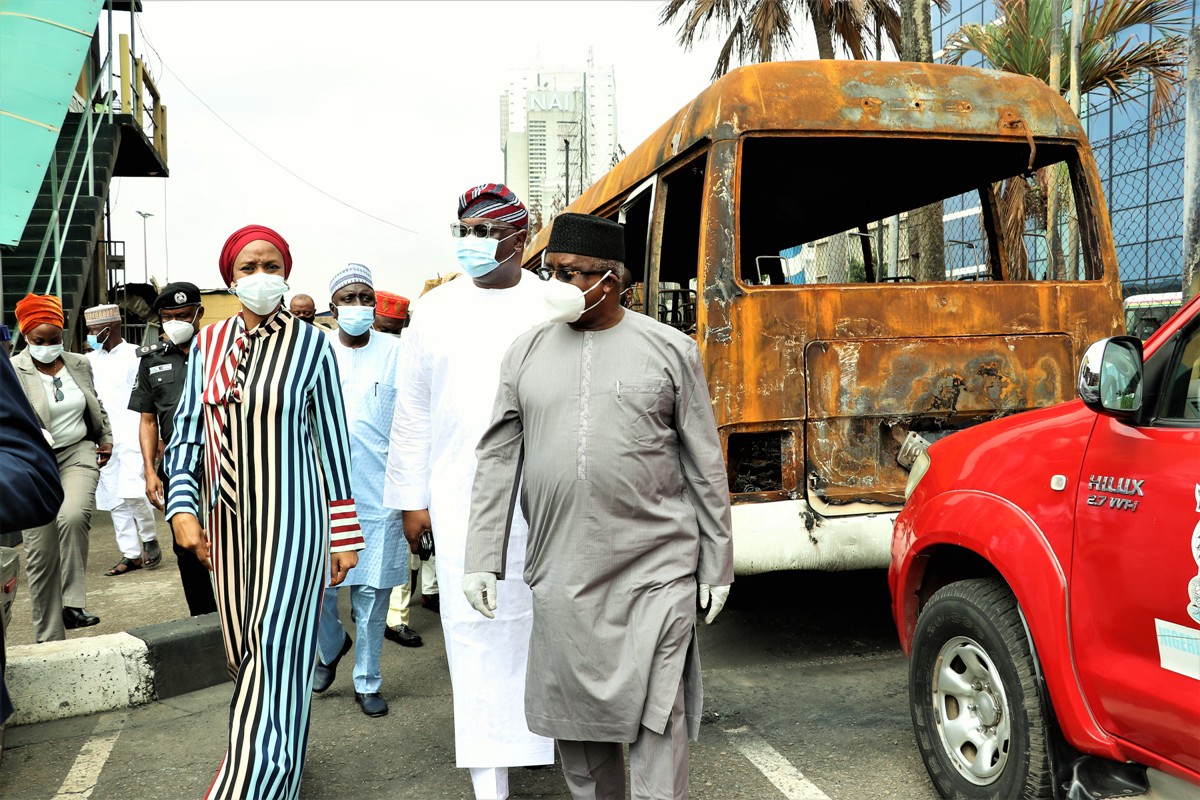 L-R: MD NPA, Hadiza Bala Usman, Representative of Chairman, Senate Committee on Marine Transport Senator Tolulope Oddebiyi, Senator Ibrahim Yahaya and Chariman, House Committee on Ports, Harbours and Waterways, Hon. Mohammed Garba Datti, during the inspection of NPA Headquarters that was attacked by unknown persons recently.