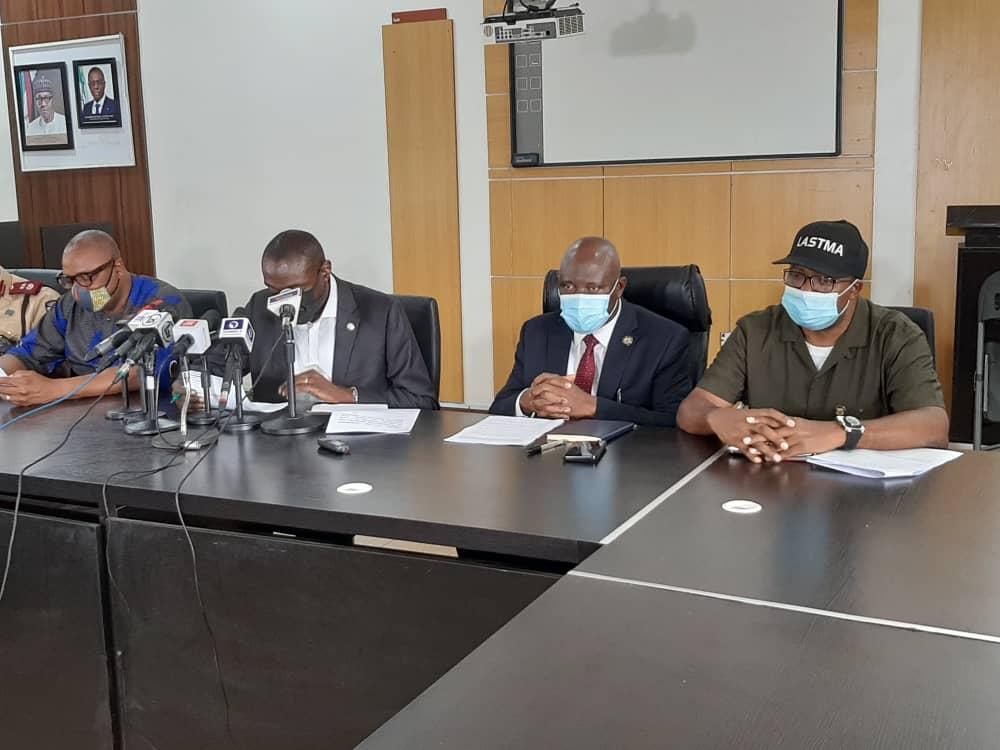 L-R: Special Adviser to Lagos State Governor, Mr. Toyin Fayinka; Commissioner for Transportation, Dr. Federic Oladeinde; Permanent Secretary, Ministry of Transportation, Mr. Oluseyi Whenu and  General Manager, Lagos State Traffic Management Authority (LASTMA), Mr. Olajide Oduyoye during a media briefing on traffic violations by Motorcycle (Okada) and Tricycle riders on Lagos roads, at the Bagauda Kaltho Press Centre, the Secretariat - Alausa, Ikeja, on Wednesday, November 19, 2020. 
