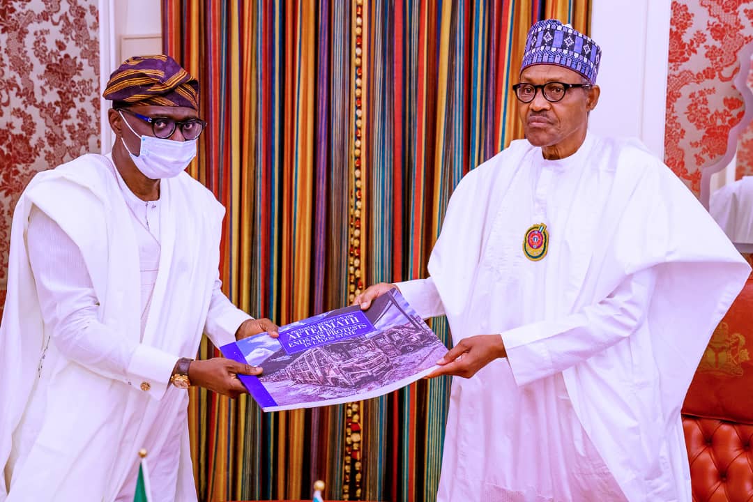 PICTURES: GOV. SANWO-OLU PRESENTS PICTORIAL REPORT OF THE AFTERMATH OF ENDSARS PROTEST IN LAGOS TO PRESIDENT BUHARI IN ABUJA, ON FRIDAY, NOVEMBER 6, 2020