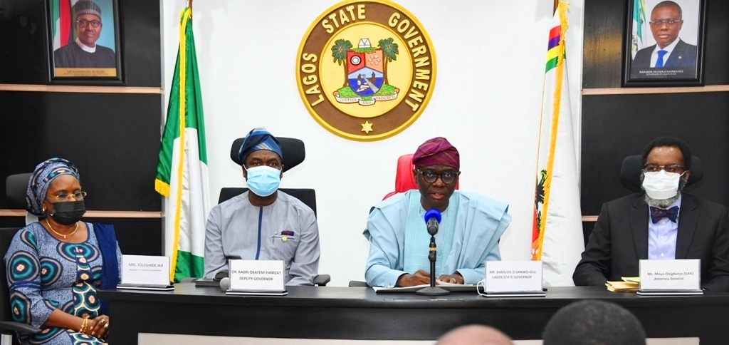 L-R: Secretary to Lagos State Government, Mrs. Folashade Jaji; Deputy Governor, Dr. Obafemi Hamzat; Governor Babajide Sanwo-Olu and Attorney General/ Commissioner for Justice, Mr. Moyosore Onigbanjo, SAN, during a press conference on the signing of an Executive Order to establish Lagos State Rebuilding Trust Fund, at the Lagos House, Alausa, Ikeja, on Wednesday, November 4, 2020.