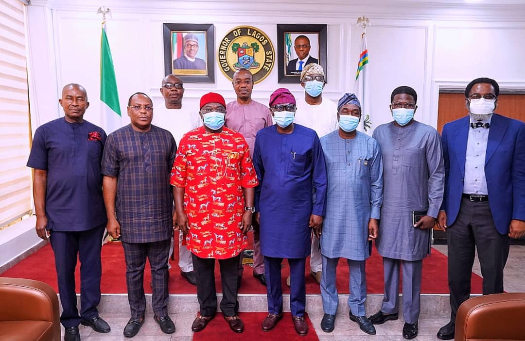 L-R: Abia State Commissioners: Hon. Kalu Uduma (Budget and Planning); Dr. Aham Uko (Finance); Abia State Governor, Dr. Okezie Ikpeazu; Lagos State Governor, Mr. Babajide Sanwo-Olu; his deputy, Dr. Obafemi Hamzat; Head of Service, Mr. Hakeem Muri-Okunola; Attorney-General & Commissioner for Justice, Mr. Moyosore Onigbanjo (SAN) and others in a group photo during courtesy visit by the Abia State Governor at Lagos House, Alausa, on Wednesday, November 11, 2020.