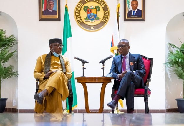 Former Imo State Governor and member representing Imo West Senatorial District, Senator Rochas Okorocha (left) with Lagos State Governor, Mr. Babajide Sanwo-Olu during his courtesy visit at Lagos House, Marina, on Thursday, November 27, 2020.