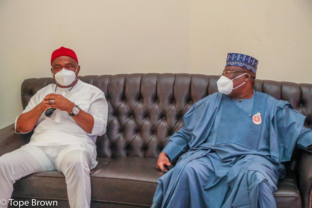Governor Hope Uzodimma of Imo State (left) with Senate President Ahmed Lawan at the Sam Mbakwe International Cargo airport, Owerri on Sunday enroute Igbere in Abia State for Senator Orji Uzor Kalu father's 10th year remembrance. 