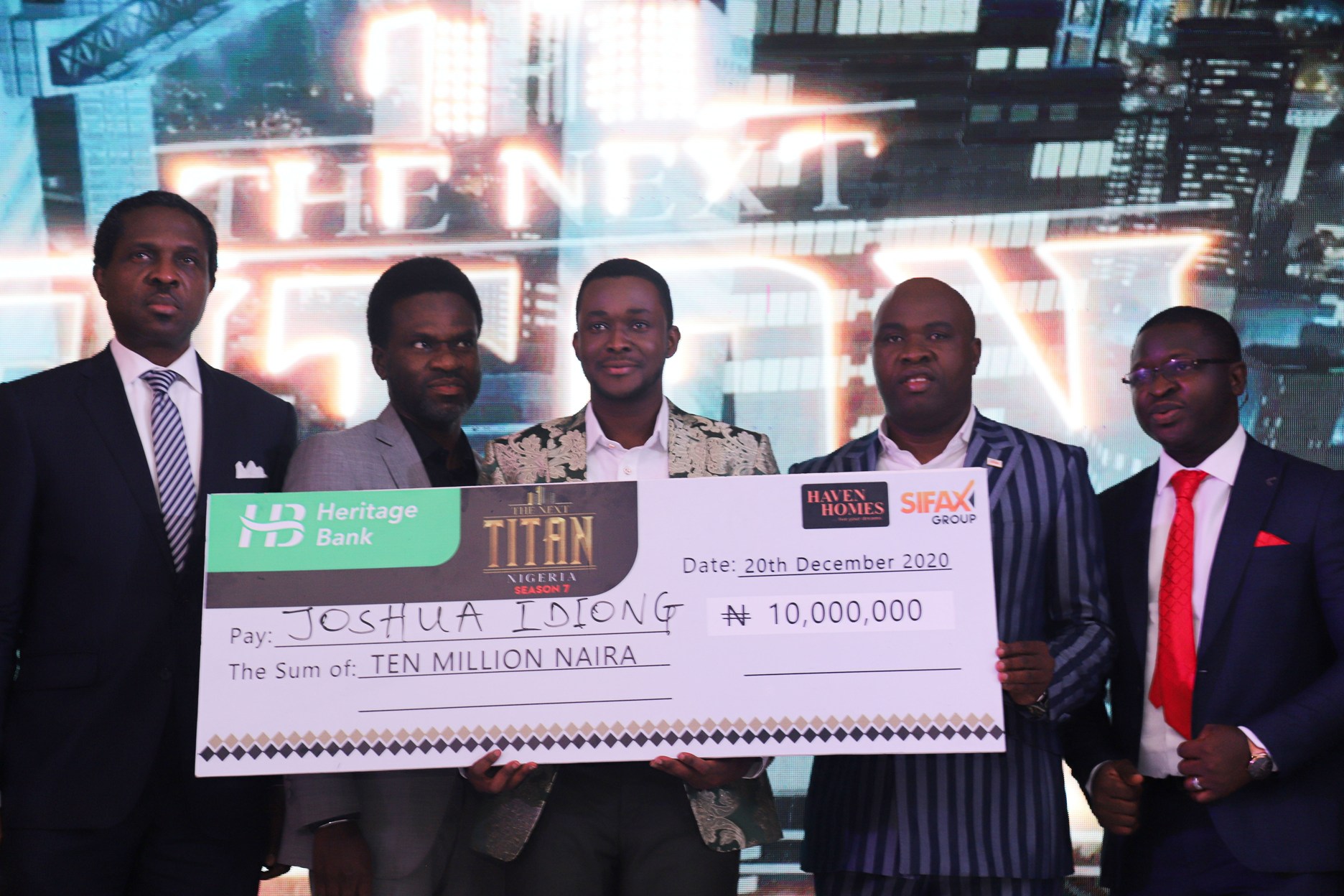 Tonye Cole, Judge, The Next Titan; Fela Ibidapo, Group Head, Corporate Communications, Heritage Bank; Joshua Idiong, Winner, The Next Titan Season 7; Honourable Victor Olotu, Group Head, Business Development and Strategic Planning, SIFAX Group and Abiola Ariyibi, Human Resources Officer, SIFAX Group at the grand finale of The Next Titan Entrepreneurial Reality TV show Season 7 sponsored by SIFAX Group and held at Oriental Hotel, Victoria Island, Lagos on Sunday.