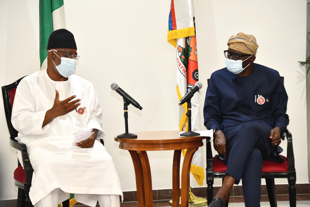 Chairman/CEO, National Hajj Commission of Nigeria (NAHCON), Alhaji Zikrullah Kunle Hassan (left) with the Lagos State Governor, Mr. Babajide Sanwo-Olu during his courtesy visit at Lagos House, Marina, on Tuesday, December 1, 2020.