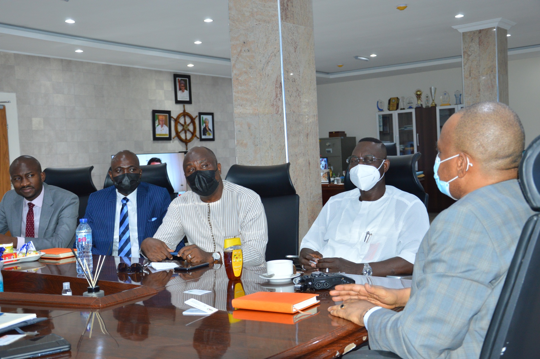 L-R: Yusuf Yaro, Personal Assistant to SIFAX Group’s GEVC; Idris Wiwoloku, Head, Trusted Risk Managers Insurance Company, the insurance subsidiary of SIFAX Group; Captain Ibrahim Olugbade, Executive Director, SIFAX Off Dock; Dr. Taiwo Afolabi, Group Executive Vice Chairman, SIFAX Group and Dr. Bashir Jamoh, Director General, Nigerian Maritime Administration and Safety Agency during the courtesy visit by SIFAX Group’s Management team to the NIMASA DG at the organisation’s head office at Apapa. At the visit, SIFAX Group and NIMASA agreed to explore opportunities for a better working relationship and the continued growth of the country’s maritime sector.
