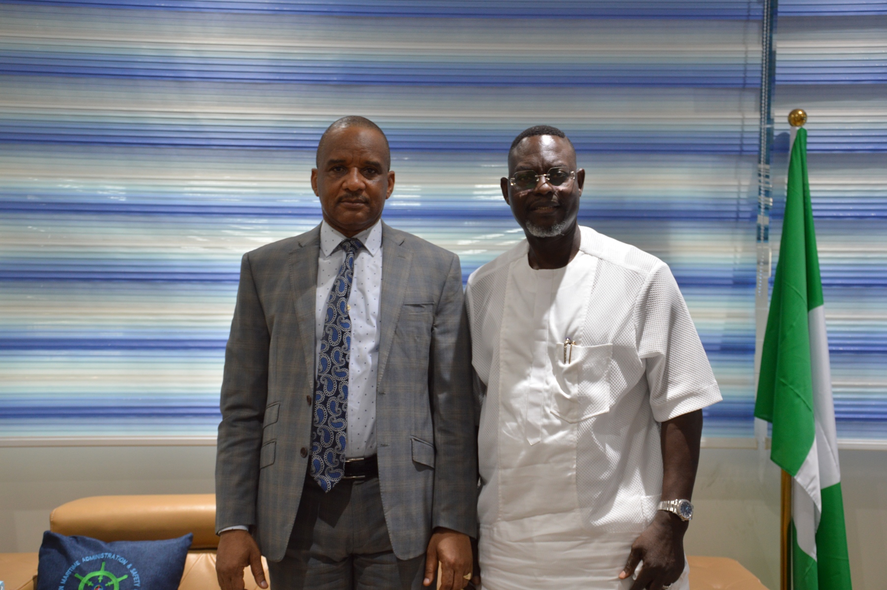 L-R: Dr. Bashir Jamoh, Director General, Nigerian Maritime Administration and Safety Agency with Dr. Taiwo Afolabi, Group Executive Vice Chairman, SIFAX Group during a courtesy visit by the SIFAX Group boss to the NIMASA DG held at the Agency’s head office, Apapa. At the visit, SIFAX Group and NIMASA agreed to explore opportunities for a better working relationship and the continued growth of the country’s maritime sector.