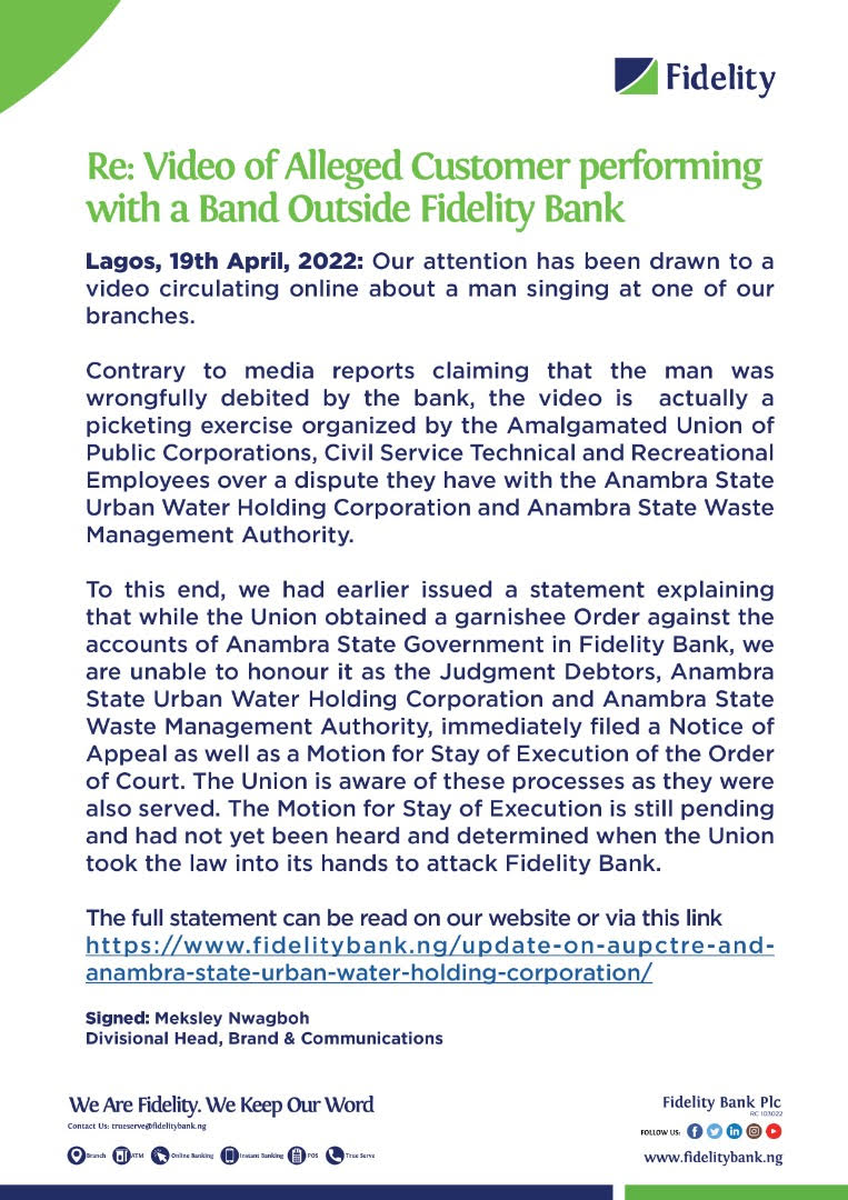 Re: Video of Alleged Customer performing with a Band Outside Fidelity Bank