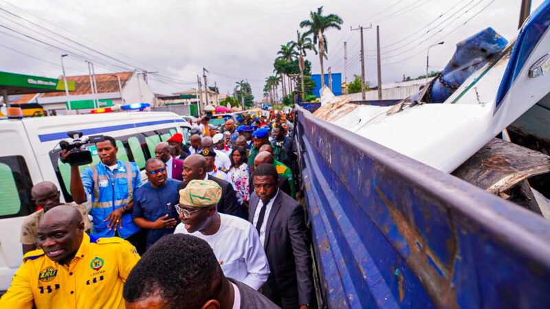 Photos: Gov Sanwo-Olu Visits Helicopter Crash Site At Oba Akran Avenue, Ikeja